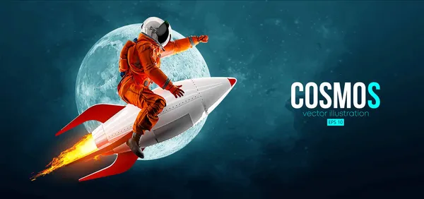Ay ve uzayın arka planında bir roketin üzerindeki astronot. Vektör illüstrasyonu