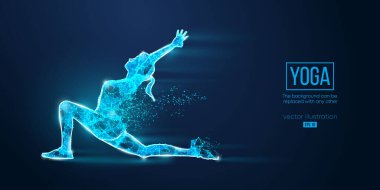 Mavi arka planda yoga yapan genç bir kadının soyut telgraf silueti. Vektör illüstrasyonu