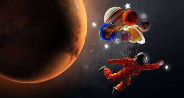 Mars ve uzayın arka planında balonları ve gezegenleri olan bir astronot. Vektör illüstrasyonu