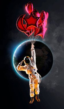 Dünya ve uzayın arka planında balonları ve gezegenleri olan bir astronot. Vektör illüstrasyonu