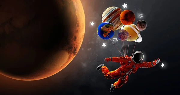 Astronauta z balonami i planetami na tle bagien i przestrzeni. Ilustracja wektora — Wektor stockowy