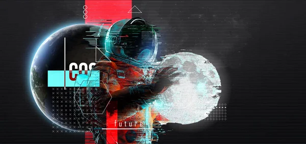 Ayın ve uzayın arka planında arızalı astronot. Dijital piksel gürültü soyut tasarım. Vektör illüstrasyonu