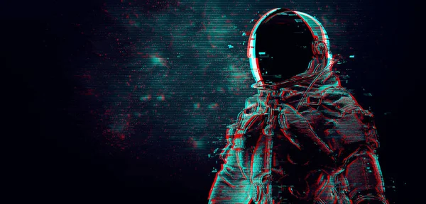 Chybný astronaut na pozadí Měsíce a vesmíru. Abstraktní návrh digitálního šumu pixelů. Vektorová ilustrace — Stockový vektor