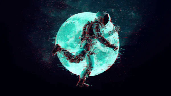 月と宇宙を背景にしたグリッチ宇宙飛行士。デジタルピクセルノイズ抽象的なデザイン。ベクターイラスト — ストックベクタ