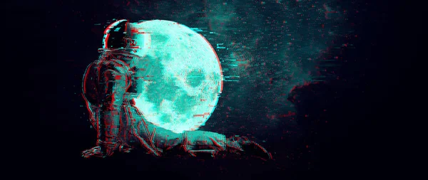 Hiba űrhajós a háttérben a hold és a tér. Digitális pixel zaj elvont design. Vektorillusztráció — Stock Vector