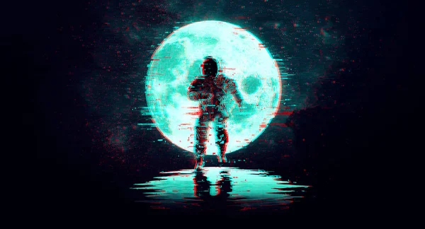 Ayın ve uzayın arka planında arızalı astronot. Dijital piksel gürültü soyut tasarım. Vektör illüstrasyonu
