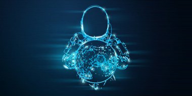 Ay ve uzay çizgisi sanatının mavi arka planında neon astronot.