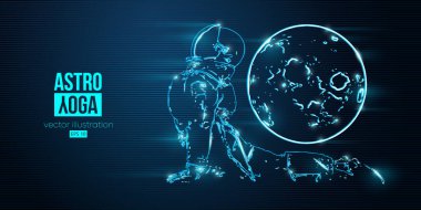 Neon astronot Mars ve uzayın mavi arka planında yoga yapıyor. Yoga egzersizleri..