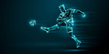 Futbolcu hareket halindeyken mavi arka planda kaldı. Vektör illüstrasyonu