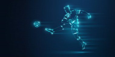 Futbolcu hareket halindeyken mavi arka planda kaldı. Vektör illüstrasyonu