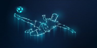 Futbolcu hareket halindeyken mavi arka planda kaldı. Vektör illüstrasyonu