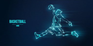 Aksiyon halindeki bir basketbolcunun soyut silüeti mavi arka planı izole etti. Vektör illüstrasyonu