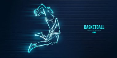 Aksiyon halindeki bir basketbolcunun soyut silüeti mavi arka planı izole etti. Vektör illüstrasyonu