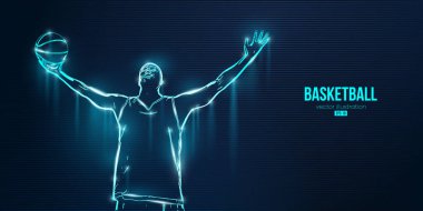 Aksiyon halindeki bir basketbolcunun soyut silüeti mavi arka planı izole etti. Vektör illüstrasyonu