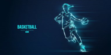 Aksiyon halindeki bir basketbolcu kadının soyut silüeti mavi arka planı izole etti. Vektör illüstrasyonu