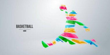 Aksiyon halindeki bir basketbolcunun soyut silüeti beyaz arka planda izole edilmiş. Vektör illüstrasyonu