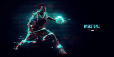 Aksiyon halindeki bir basketbolcunun soyut silüeti mavi arka planı izole etti. Vektör illüstrasyonu