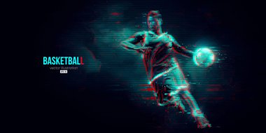 Aksiyon halindeki bir basketbolcunun soyut silüeti mavi arka planı izole etti. Vektör illüstrasyonu