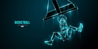 Aksiyon halindeki bir basketbolcunun soyut silüeti mavi arka planı izole etti. Vektör illüstrasyonu