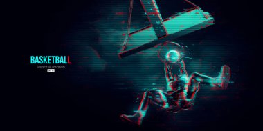 Aksiyon halindeki bir basketbolcunun soyut silüeti mavi arka planı izole etti. Vektör illüstrasyonu