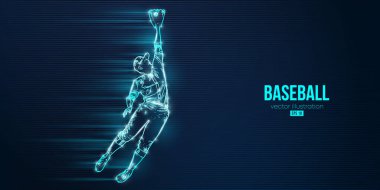 Mavi arka planda soyut bir beyzbol oyuncusunun silüeti. Beyzbol oyuncusu topa vuruyor. Vektör illüstrasyonu