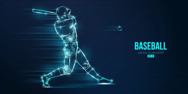 Silueta abstracta de un jugador de béisbol sobre fondo azul. Jugador de béisbol bateador golpea la pelota. Ilustración vectorial — Vector de stock