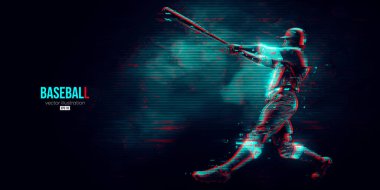 Mavi arka planda soyut bir beyzbol oyuncusunun silüeti. Beyzbol oyuncusu topa vuruyor. Vektör illüstrasyonu