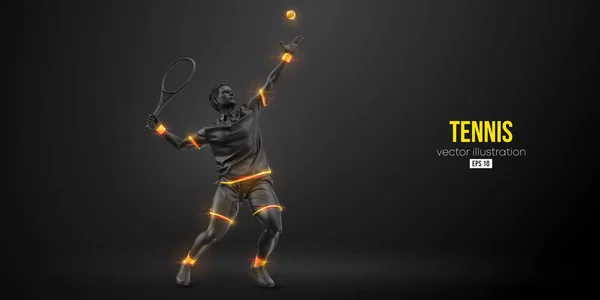 Siyah arka planda bir tenis oyuncusunun soyut silüeti. Raketli bir tenisçi topa vuruyor. Vektör illüstrasyonu