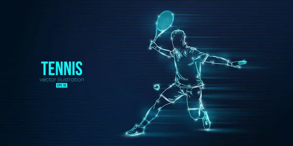 Mavi arka planda bir tenis oyuncusunun soyut silüeti. Raketli bir tenisçi topa vuruyor. Vektör illüstrasyonu