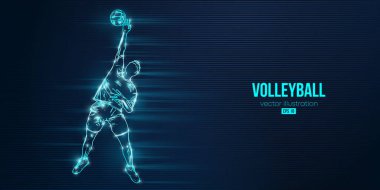 Mavi arka planda bir voleybol oyuncusunun soyut silueti. Voleybolcu adam topa vuruyor. Vektör illüstrasyonu