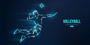Mavi arka planda bir voleybol oyuncusunun soyut silueti. Voleybolcu adam topa vuruyor. Vektör illüstrasyonu