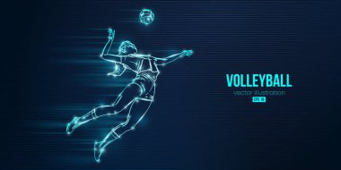 Mavi arka planda bir voleybol oyuncusunun soyut silueti. Voleybolcu kadın topa vuruyor. Vektör illüstrasyonu