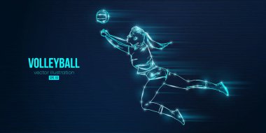Mavi arka planda bir voleybol oyuncusunun soyut silueti. Voleybolcu kadın topa vuruyor. Vektör illüstrasyonu