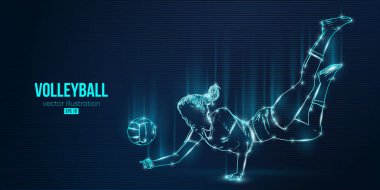 Mavi arka planda bir voleybol oyuncusunun soyut silueti. Voleybolcu kadın topa vuruyor. Vektör illüstrasyonu