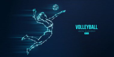 Mavi arka planda bir voleybol oyuncusunun soyut silueti. Voleybolcu kadın topa vuruyor. Vektör illüstrasyonu