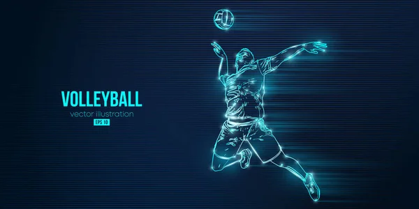 Mavi arka planda bir voleybol oyuncusunun soyut silueti. Voleybolcu adam topa vuruyor. Vektör illüstrasyonu