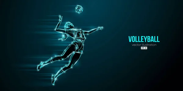Mavi arka planda bir voleybol oyuncusunun soyut silueti. Voleybolcu kadın topa vuruyor. Vektör illüstrasyonu