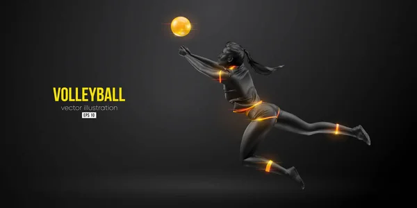 Siyah arka planda bir voleybol oyuncusunun soyut silueti. Voleybolcu kadın topa vuruyor. Vektör illüstrasyonu