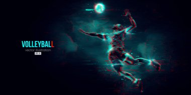 Mavi arka planda bir voleybol oyuncusunun soyut silueti. Voleybolcu adam topa vuruyor. Vektör illüstrasyonu