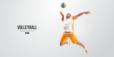 Beyaz arka planda bir voleybol oyuncusunun gerçekçi silueti. Voleybolcu adam topa vuruyor. Vektör illüstrasyonu