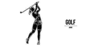 Abstract silhouette of a golf player on white background. Golfer woman hits the ball. Vector illustration