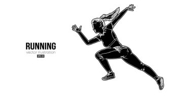 Beyaz arka planda koşan bir atletin soyut silüeti. Koşucu kadın sprint ya da maraton koşuyor. Vektör illüstrasyonu