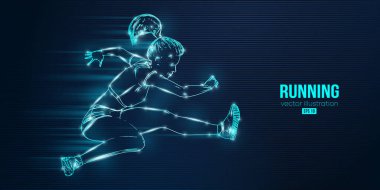 Mavi arka planda koşan bir atletin soyut silüeti. Koşucu kadın sprint ya da maraton koşuyor. Vektör illüstrasyonu