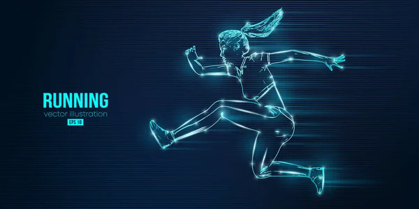 青い背景にランニングアスリートの抽象的なシルエット ランナーの女性はスプリントやマラソンを走っています ベクターイラスト — ストックベクタ
