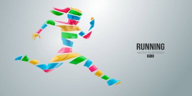 Beyaz arka planda koşan bir atletin soyut silüeti. Koşucu kadın sprint ya da maraton koşuyor. Vektör illüstrasyonu