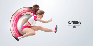 Beyaz arka planda koşan bir atletin gerçekçi silüeti. Koşucu kadın sprint ya da maraton koşuyor. Vektör illüstrasyonu
