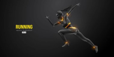 Siyah arka planda koşan bir atletin soyut silüeti. Koşucu kadın sprint ya da maraton koşuyor. Vektör illüstrasyonu