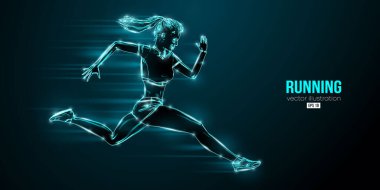 Siyah arka planda koşan bir atletin soyut silüeti. Koşucu kadın sprint ya da maraton koşuyor. Vektör illüstrasyonu