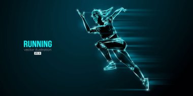 Siyah arka planda koşan bir atletin soyut silüeti. Koşucu kadın sprint ya da maraton koşuyor. Vektör illüstrasyonu