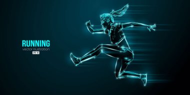 Siyah arka planda koşan bir atletin soyut silüeti. Koşucu kadın sprint ya da maraton koşuyor. Vektör illüstrasyonu